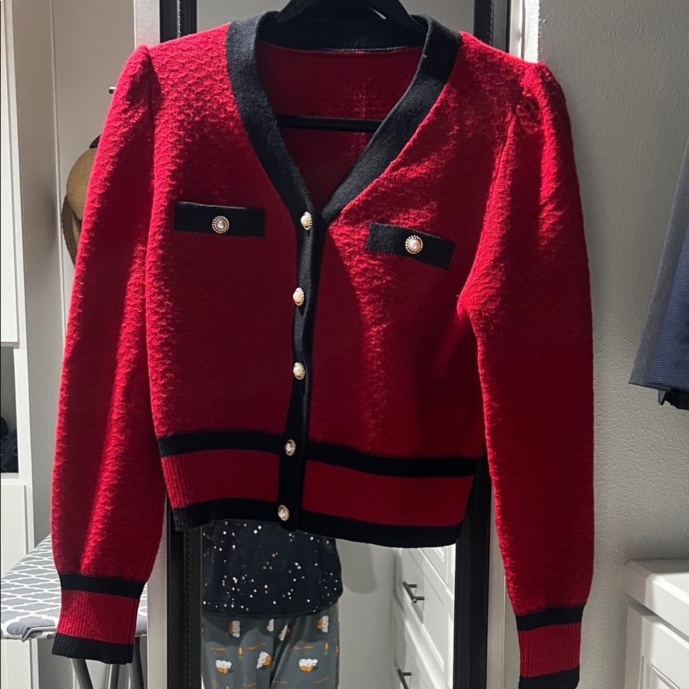 Goelia Red and Black Cardigan with Gold Buttons, gorgeous.NWOT. Has Chanel vibe.